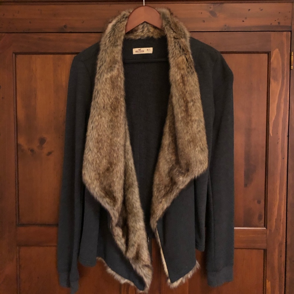 Waterfall faux fur& sweatshirt cardigan